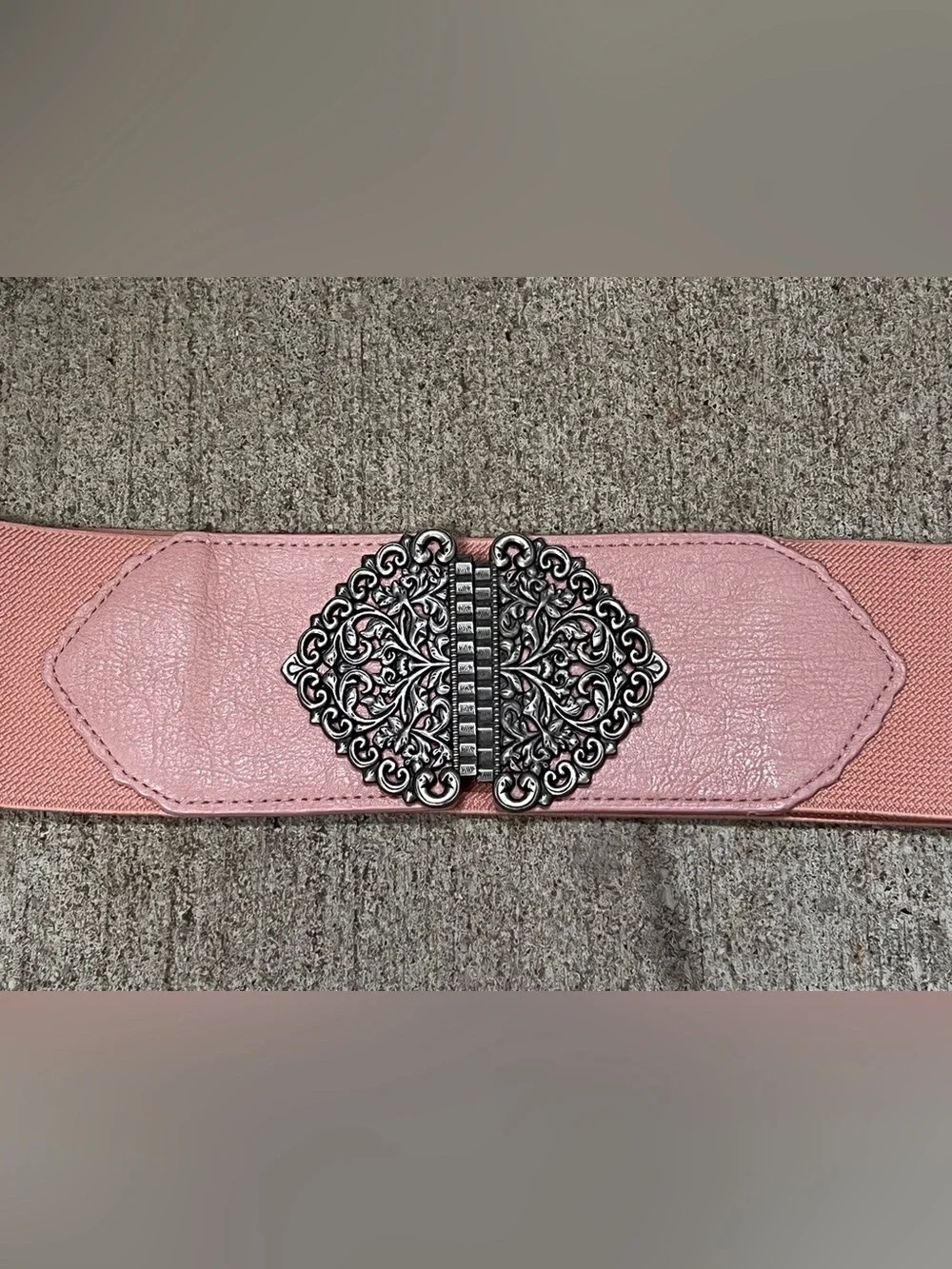 Y2K Pink Wide Stretch Waist Belt Silver Filigree Buckle Boho OS Fairy Festival S